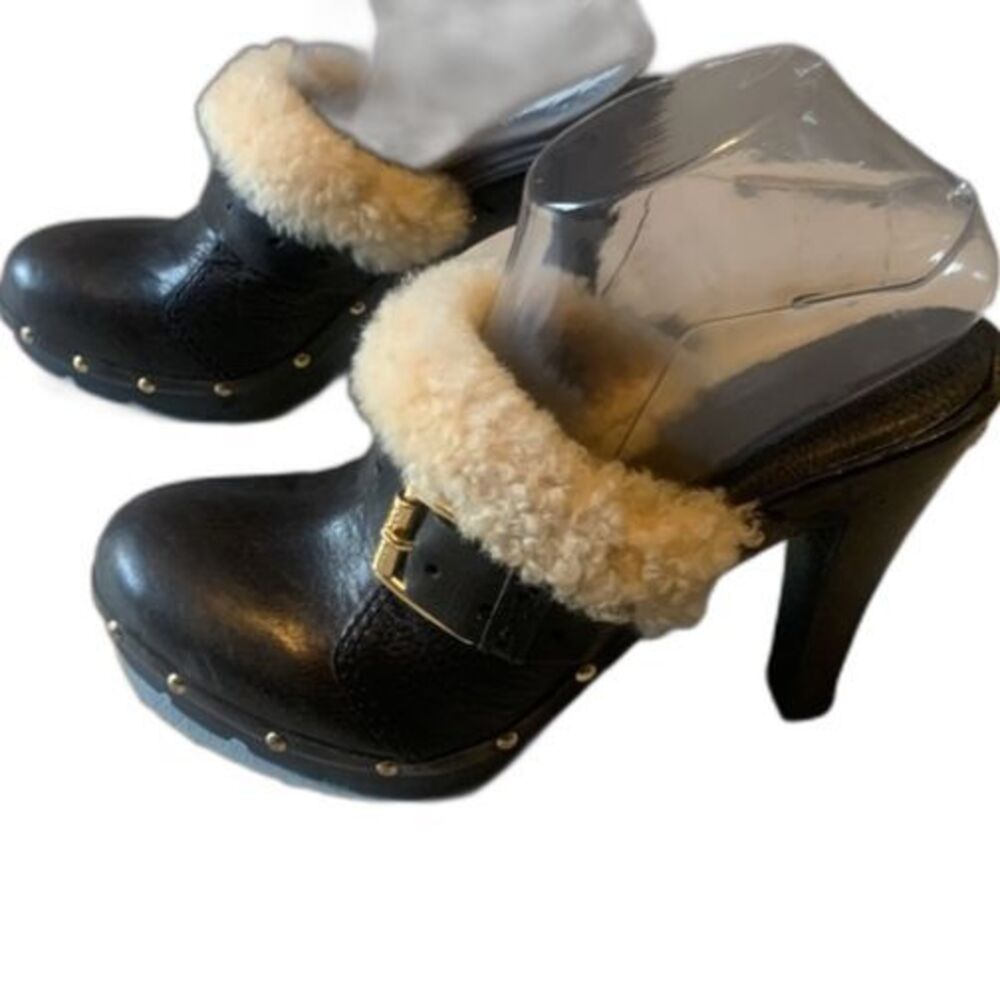Michael Kors Studded Black Leather Wood Platform Clogs Size 9 Shearling Mules - Picture 2 of 12